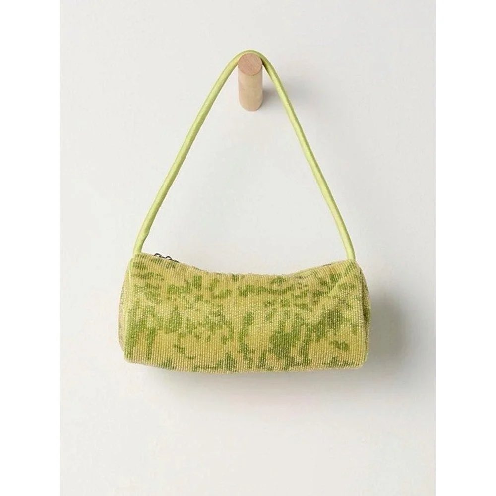 Free People Beaded Barrel Bag Green Floral Shoulder Bag NWT